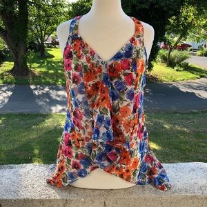 Poetry L BLUE Red Floral Sheer Sleeveless Top